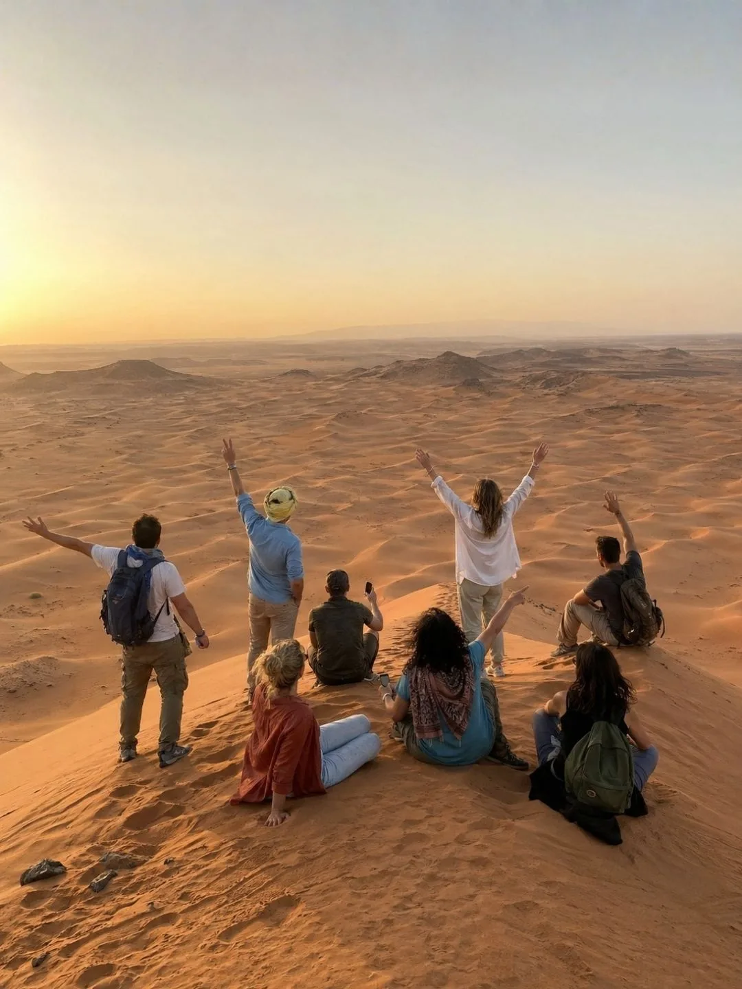 Viaggiatori seduti sulle dune del deserto al tramonto