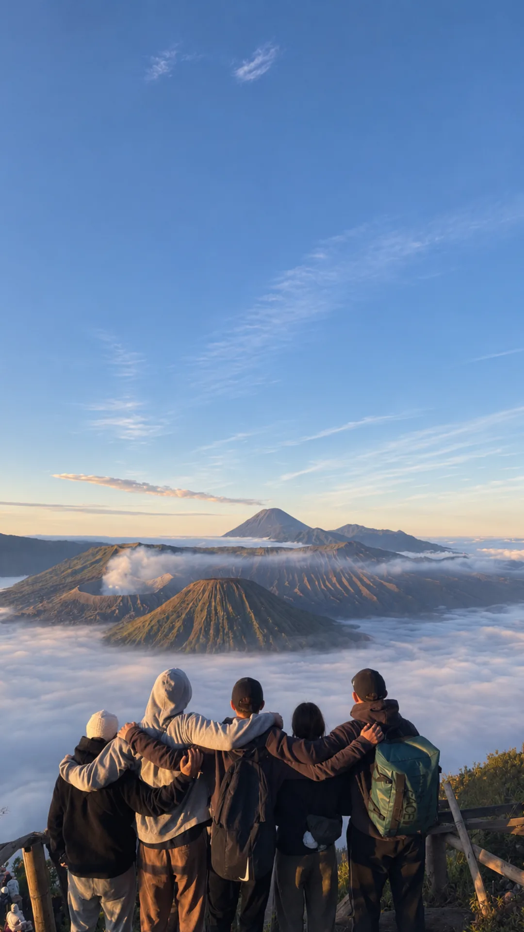 Un piccolo gruppo di viaggiatori abbracciati di spalle guarda un vulcano tra le nuvole all'alba